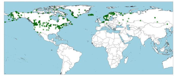 Distribución del halcón gerifalte, Falco rusticolus