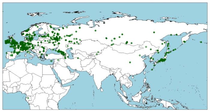 Distribución del camachuelo común, Pyrrhula pyrrhula