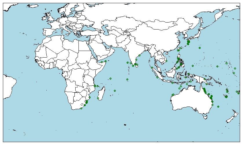 Distribución del pez cirujano mata, Acanthurus mata