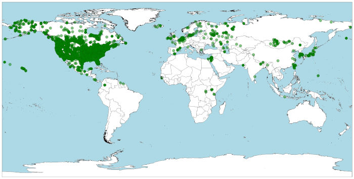 Distribución del ánade rabudo, Anas acuta