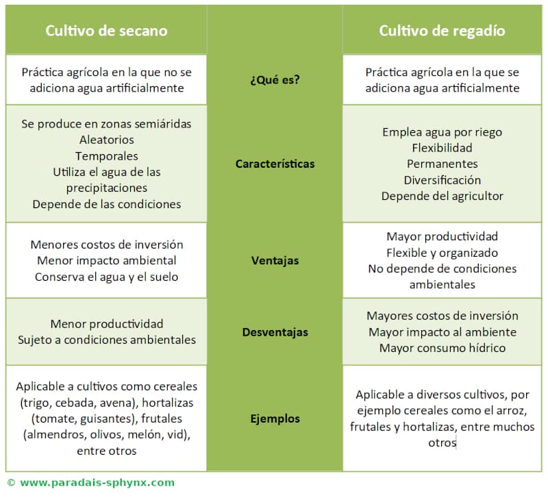 Cultivos de secano y regadío, resumen con cuadro explicativo