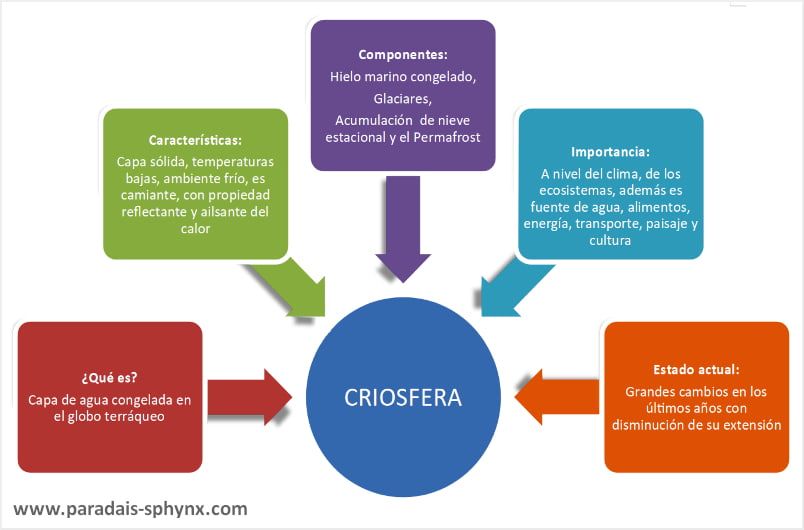 Esquema, resumen con explicación sobre  la criosfera.