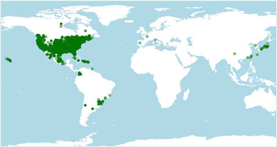 Distribución de Lithobates catesbeianus, rana toro