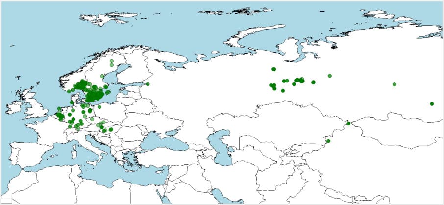 Distribución de la Rana arvalis o rana campestre